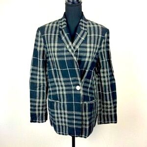 Tela Italian Linen Blazer Black Tartan Plaid Single-Button Rear Vent Jacket S